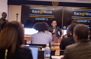 Provost Cudd speaks with Race @Work attendees during lunch break session